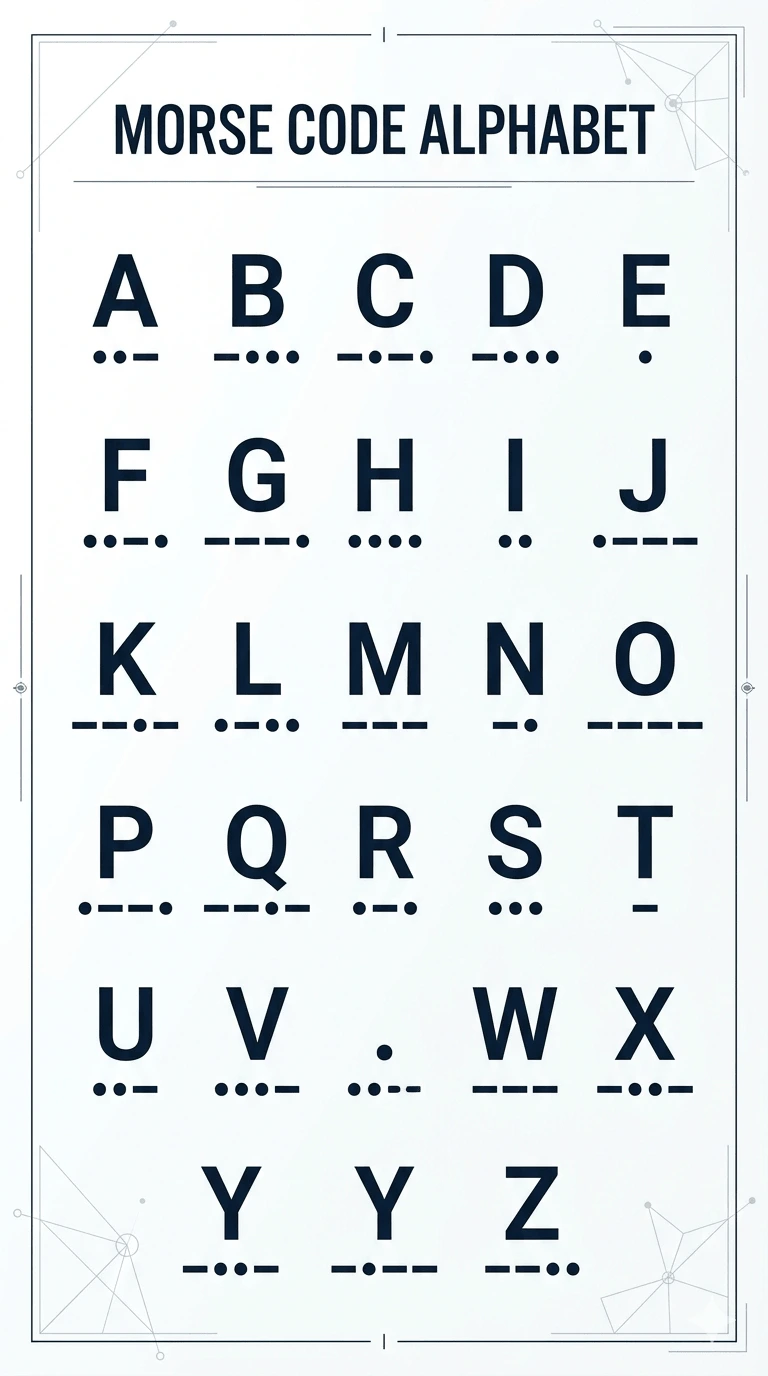 Morse code alphabet chart showing English letters A to Z with dots and dashes